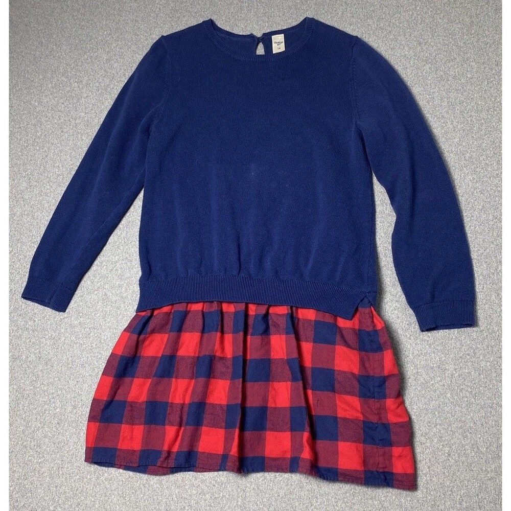 OshKosh B'Gosh Girls' Navy Blue Sweater Dress Red Plaid Skirt Size 14